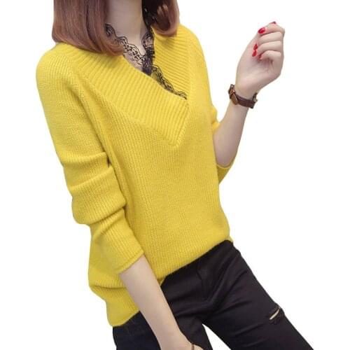 Lace Knitted Sweater Women Casual Pullover Autumn 2019 Winter V-neck Sweaters Womens Long Sleeves Jumpers Pull Femme Tops L83