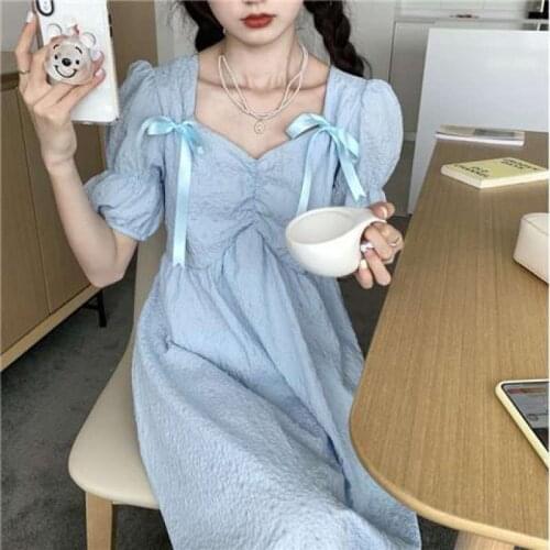 Womens Summer Dress Puff Sleeve Bow Bandage Backless A-LINE Midi Dress Sweet V-Neck Solid Party Dresses Vestidos De Mujer