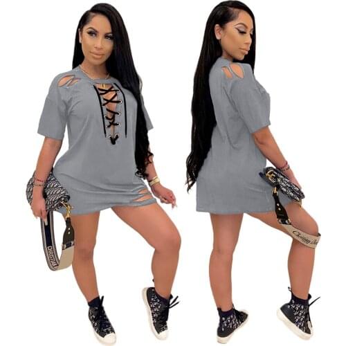 Echoine Female Sexy Ripped Loose Lace Dress Solid Color Cross Hollow Out Mini Dress For Women Drop Shipping Wholesale