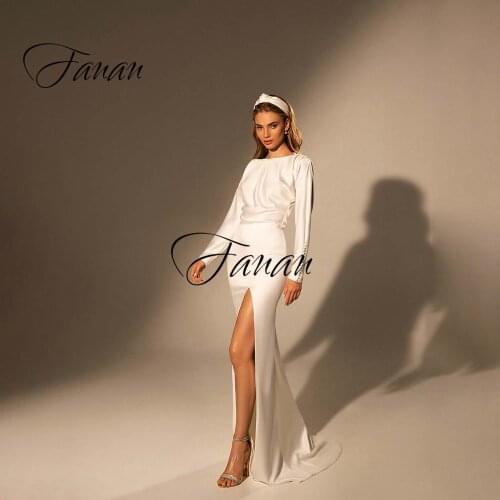 Simple Scoop Neck Long Sleeve Mermaid Weddign Dresses Backless Court Train Front High Split Bridal Gown vestidos de novia платье