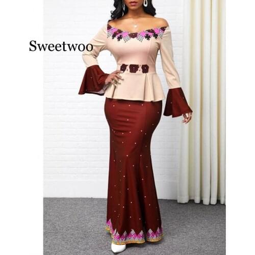 Plus size womens high waist word shoulder print stitching bag hip fishtail party dress