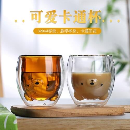 250ML Creative INS Coffee Mug Double Wall Milk Cup Cute Glass Kawaii Juice Vaso Gato Oso Taza Doble Cristal Valentines Day Gift