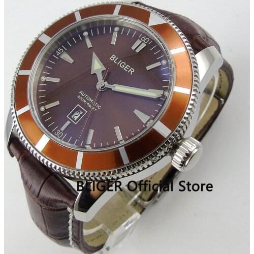 BLIGER 46MM Coffee Dial Rotating Bezel Stainless Steel Case Automatic Movement Mens Watch