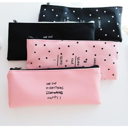 Simple Dot Letter Pencil Case Boys Girls Kids Students Waterproof PU Leather Pen Bag Stationery Holder Office School Supplies