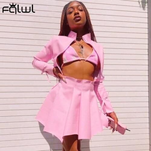 FQLWL Autumn PU Leather Pink Sexy 2 Two Piece Set Women Mini Skirt Sets Zipper Long Sleeve Crop Top Loose Party Short Dress Sets