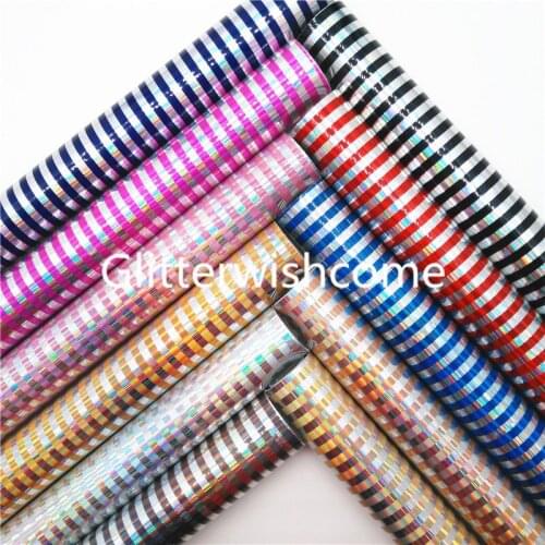 Glitterwishcome 21X29CM A4 Size Iridescent Smooth Synthetic Leather, Stripes Printed Faux Fabric Sheets for Bows, GM937A