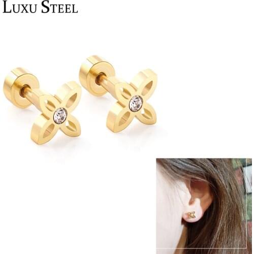 LUXUSTEEL mujer Flower Earrings Brinco Screw Stud Jewelry Stainless Steel Anti-allergy CZ Earrings BabyGirl Earrings