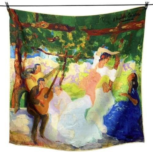 New 90cm Manual Hand Rolled Twill Silk Women Scarf Van Gogh Oil Painting Tree Designs Square Scarves Female Wrap Bandana Hijab