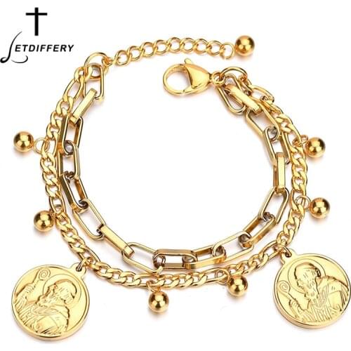 Letdiffery Charm Jewelry Multi Layers Jesus Medallion Bangles Stainless Steel God Amulet Bracelet For Men And Women
