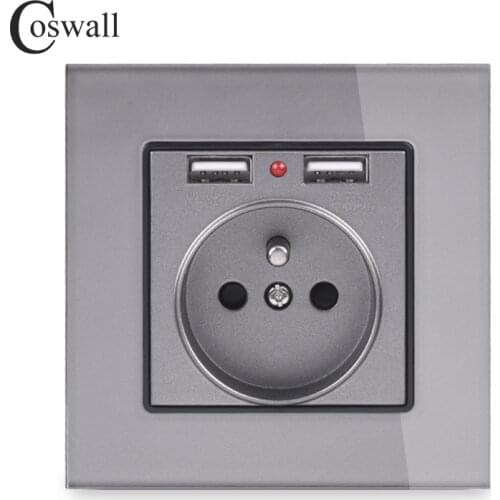 Coswall Crystal Glass Panel Dual USB Charging Port 2.1A 16A French Power Socket Wall Outlet Grey White Black Gold 4 Colors