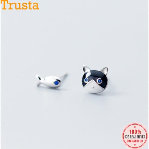 Trusta 100% 925 Solid Sterling Silver 2018 Women Fashion Cute Tiny Asymmetric Cat Fish Stud Earrings For Daughter Girls DS856
