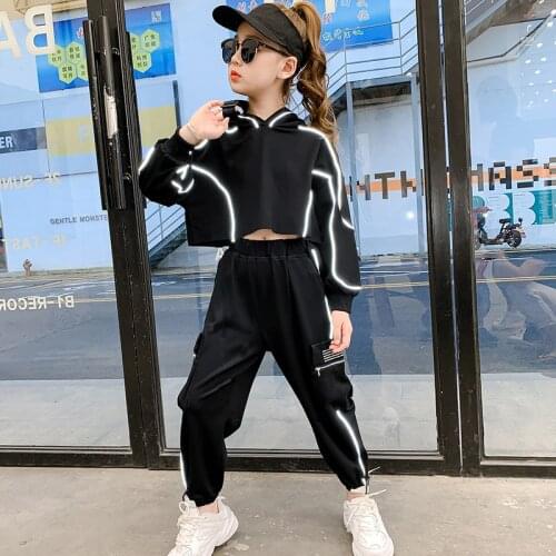 Kids Girls Sets Black hoodie Sweatshirts Reflective strip Sweatpant 2pcs Suits Harem Pants Sports Outfits Hip hop Tracksuit 2020