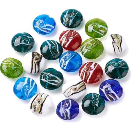 PandaHall 20pcs 20mm Mixed Color Flat Round Handmade Gold Sand Lampwork Glass Beads for Jewelry Making Accessories, hole: 2mm