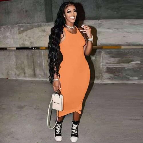 Sping New High Quality Solid Color O-neck Bodycon Mid Calf Dress Woman Casual High Street Sleeveless Slim Party Club Dresses