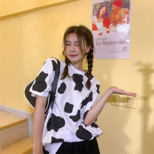 Gothic Punk Harajuku Female T-shirt Clothes Cow Print Casual Tshirt Vintage Tops Tees Plus Size Loose Short Sleeve T Shirt Women