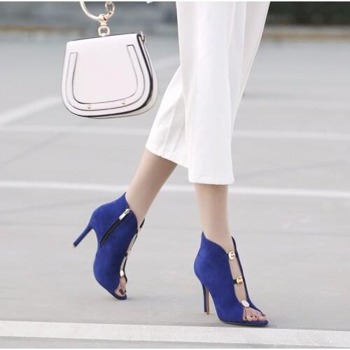 2021 New Fashion Woman Faux Suede Pumps Sexy Open Toe Ankle Boots Slip On Deep V Cut High Heel Lady Autumn Shoes