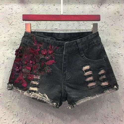 Summer Womens Female Embroideryed Flower Pearls Sequined Black Denim Shorts , Womans Glitters Cuffs Tassel Hole Jeans Shorts
