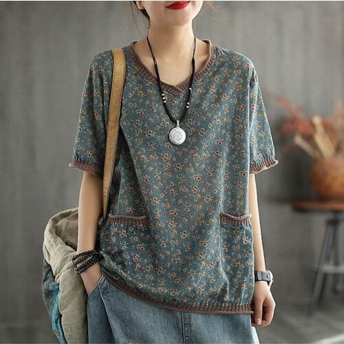 Women Loose Short Sleeve Floral Retro Tops T-shirt Ladies V Neck Patchwork Pockets Tops Female 2021 Spring Summer Tees Shirt