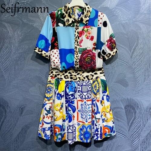 Seifrmann New 2021 Summer Women Fashion Designer Skirts Set Lantern Sleeve Loose Shirts + High Waist Print Skirts Vintage Suits