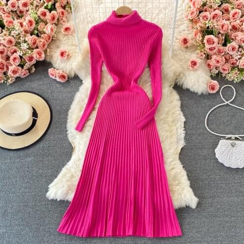 Turtleneck Sweater Dress Women 2021 Autumn Fashion Long Sleeve Knit Dress Elegant Ladies Slim Party A-line Bottom Dress Vestidos
