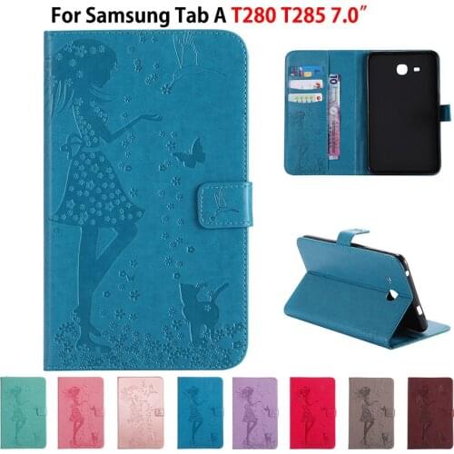 Case For Samsung Galaxy Tab A A6 7.0 T280 T285 SM-T285 7" Case Smart Cover Funda Tablet Girl Cat Embossed Stand Sleep Wake Shell