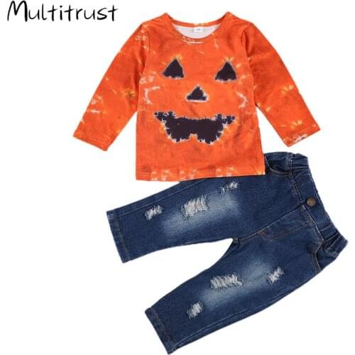 Infant Kids Baby Girl’s Halloween Clothes Set Long-sleeved Trousers Suit Stripe Blooming Tie dye T-shirt Elastic Ripped Jeans