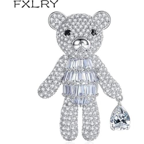 FXLRY New Arrival Cute Animal Micro-Inlaid Zircon Pin Brooch Fashion White Bear Brooches for Women Jewelry