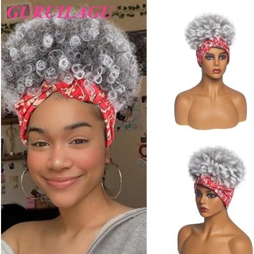GURUILAGU Headband Wig Afro Kinky Curly Wig Short Wigs for Black Women Heat Resistant Fiber Synthetic Hair Black Synthetic Wig