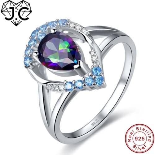 J.C New Water Drop Rainbow & Blue Topaz Genuine 925 Sterling Silver Ring Size 6 7 8 9 For Women Wedding Engagement Fine Jewelry