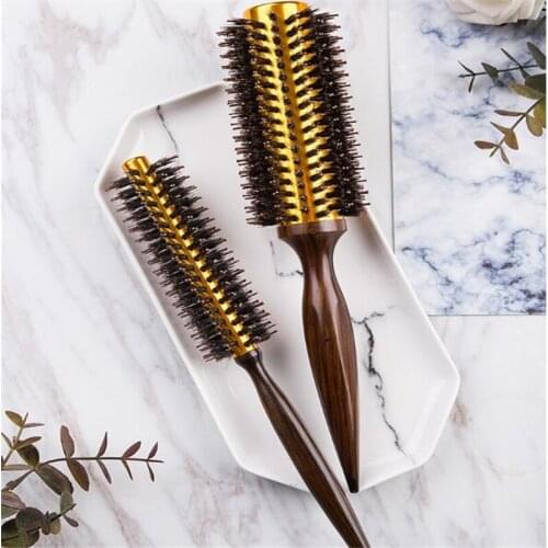 1pc Natural Boar Bristle Round Brush Wooden Handle Hair Rolling Brush For Hair Drying Styling Curling