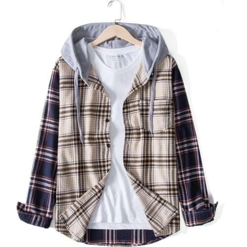 LUCLEASM 2021 Men Casual Splicing Checked Hooded Cardigan Long Sleeve Plaid Hooded Shirt moletom masculino sudaderas con capucha