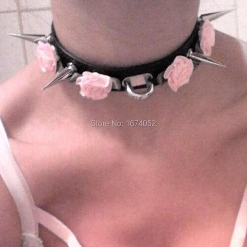 Cute Kawaii 100% Handcrafted Rose Flower Long Spikes Ribbon Lace Up Leather Choker Collar Necklace