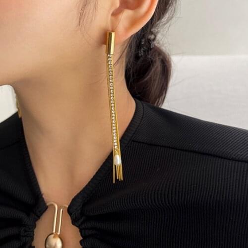 Origin Summer Exquisite Gold Metal Long Tassel Dangle Earring for Women Imitation Pearl Rhinestone Earring Jewelry Pendientes