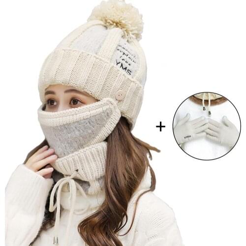 Hat 4Pcs/Set Women Winter Thick Knitted Letters Hat Scarf Face Cover Gloves Warm Set