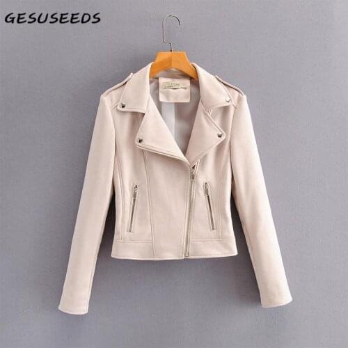 2020 Faux leather jacket women casual coat turn down collar suede jacket slim lady cropped jacket vintage streetwear women fall