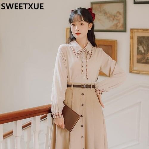 SWEETXUE Fashion Womens Two-Piece Set Long Sleeve Peter Pan Collar Lattice Shirt + High Waist Skirt Dress Cute Suit Ladies