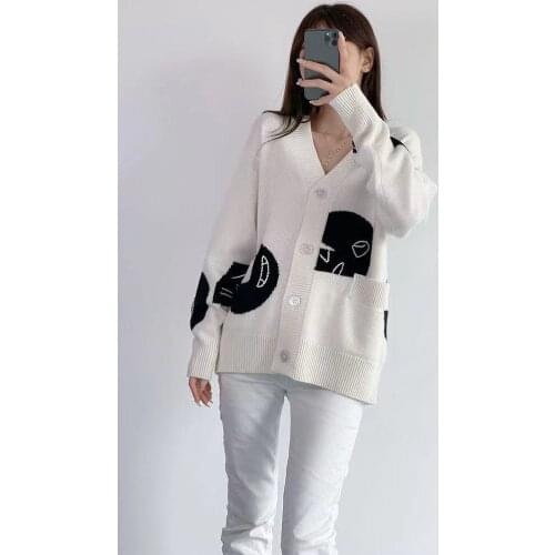 Runway Fashion Women Sweater Cardigan 2021 High Autumn V-Neck Long Sleeve Embroidery Knitted White / Black Cashmere Sweater
