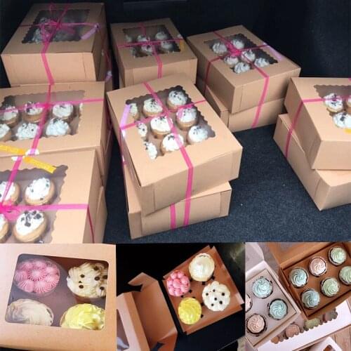 16*16*7.5cm 10pcs/lot Kraft Paper Cake Box With Clear Window Paper Cupcake Box for Birthday Party Use