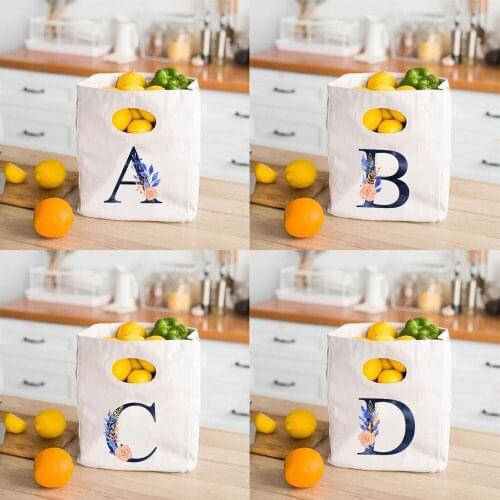 Alphabet A-Z Rose Flower Print Canvas Lunch Bag Foldable Reusable Thermal Pouch Travel Funny Picnic Box School Food Storage Bags