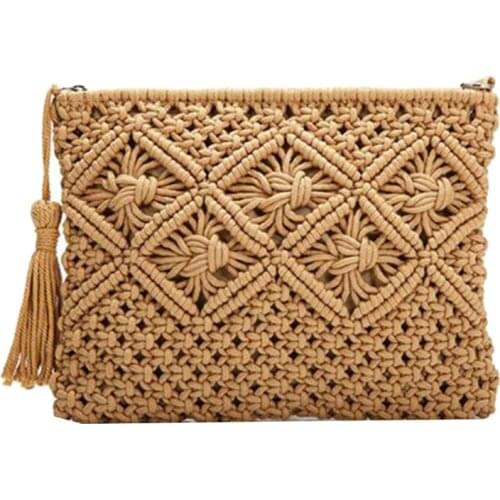 ASDS-Womens Hand-Woven Cotton Bag Straw Woven Bag Coin Purse Mobile Phone Bag Clutch Bag Tassel Bag Khaki
