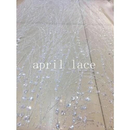 Stock 5 yards new bzh025 # crystal white/ gold plant glued glitter mesh tulle lace fabric for sawing bridal wedding dress