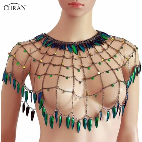 Chran Real Beetle Wing Body Chain Sexy Mesh Black Shoulder Chain Jewelry Carnival Festival Wear