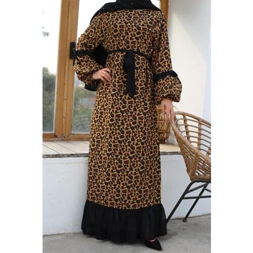 Fashion Leopard Print Long Dress Abaya Muslim Women Puff Sleeve Maxi Party Jilbab Kaftan Dubai Ruffle Cocktail Robe Turkish Gown