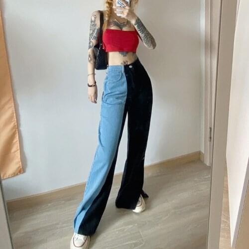 FNOCE 2020 autumn womens jeans high street young fashion Color matching high waist loose slim casual denim trousers