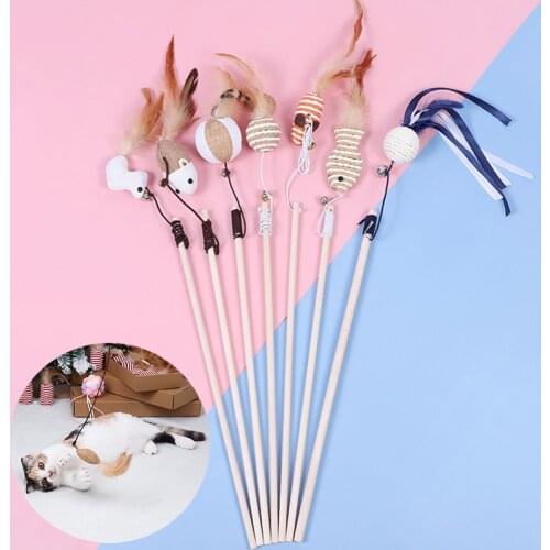 Cat Toys Funny Cat Stick Kitten Interactive Toys Wood Rod Mouse Toy With Mini Bell Feather Cat Catcher Teaser Stick Pet Supplies