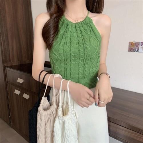 Halter Neck Knitted Cropped Tank Crop Tops Female Hollow-Out Laced Back Tanks Sleeveless T shirts Tees Camisole Women