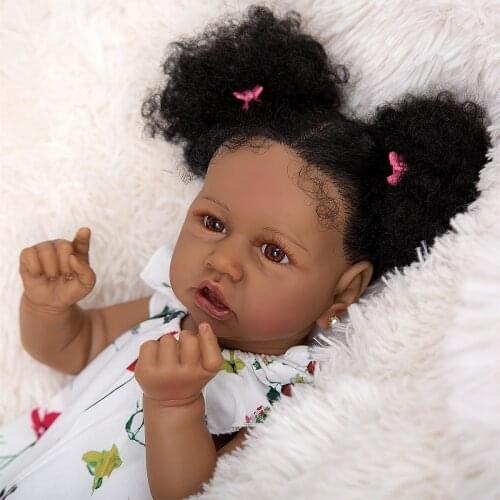 Handmade Reborn Baby Dolls Silicone Full Body Black Skin Fashion Fiber Hair Reborn Girl Doll Childrens Day Gifts Lifelike Toys