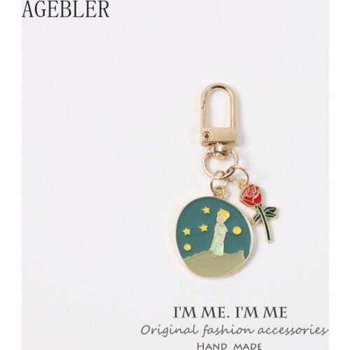 Cute cartoon Prince Red Rose Keychain Love Airpods Pendant for Backpack Keyring Key Chains Charms Valentines Day Gift Women