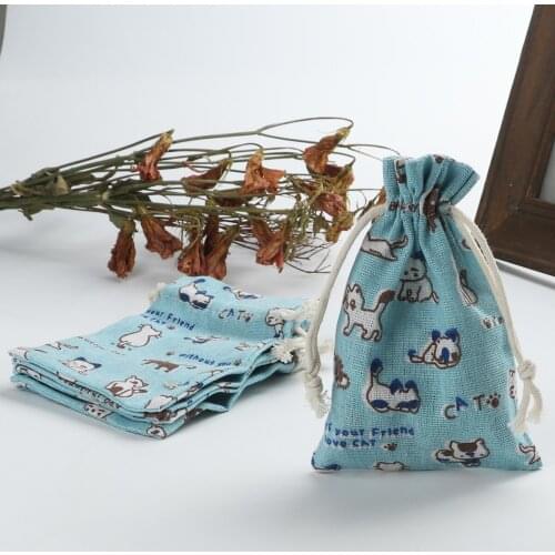 DoreenBeads Fashion Fabric Drawstring Bags Rectangle Blue Cat (Usable Space: Approx 11.5x10.5cm) 14.5cm x 10.5cm, 10 PCs