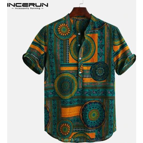 Men Shirt Ethnic Style Print Short Sleeve Stand Collar Camisa Masculina Casual Tops Streetwear Men Hawaiian Shirts 2021 INCERUN